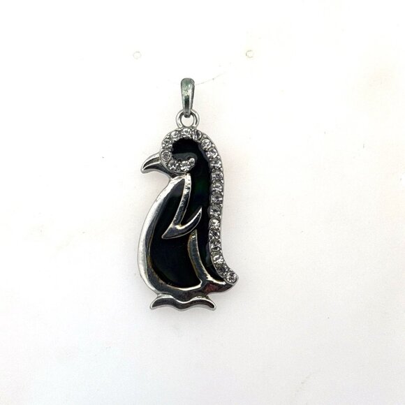 Estate Fashion Penguin Pendant Black Enamel & Rhinestones 1.71" 7.2g No Chain - Picture 1 of 5